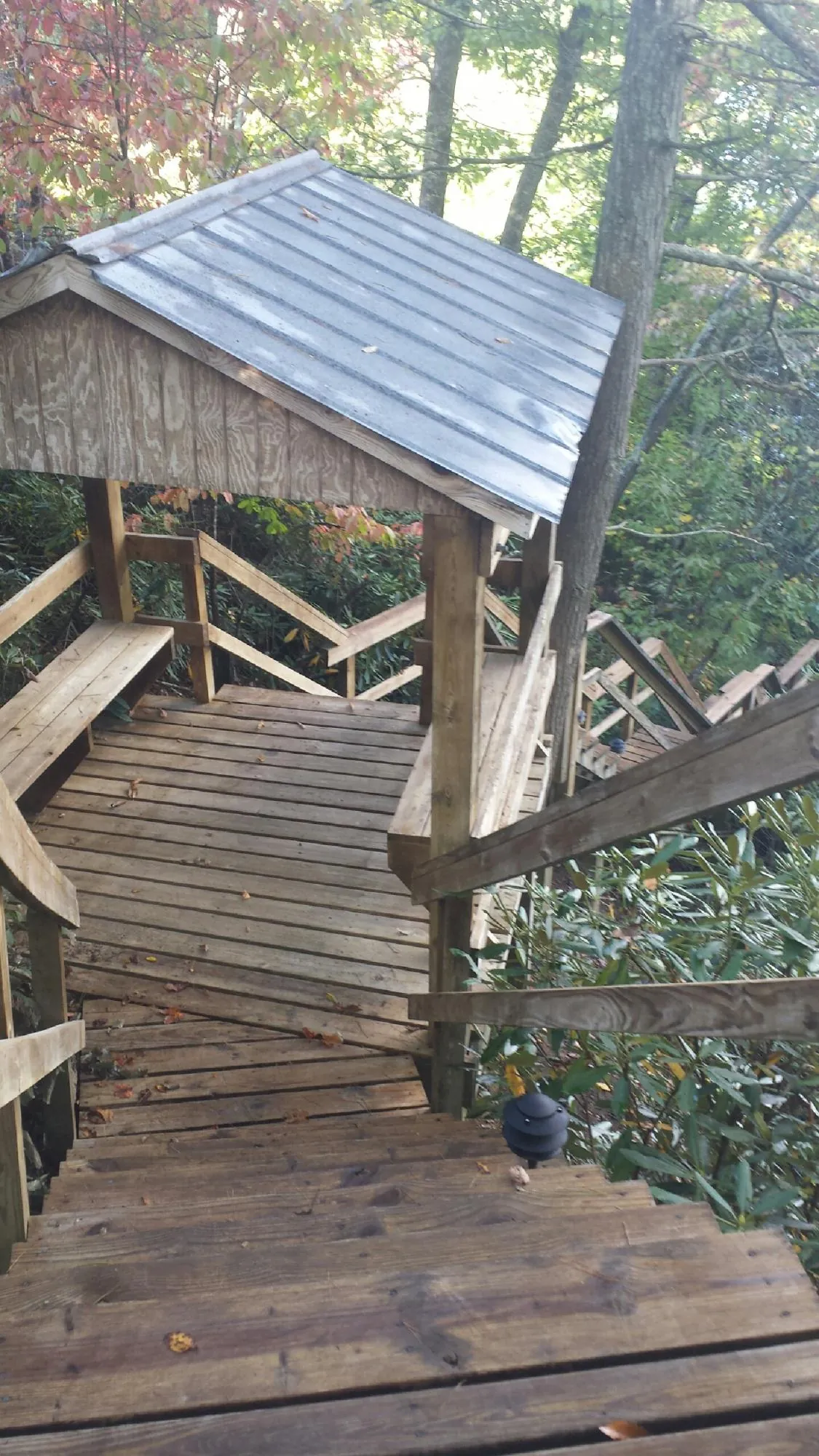 Metal roofed shelter over wooden steps on a wooded walkway — Skylight Repair & Installation work by our crew in Ledyard